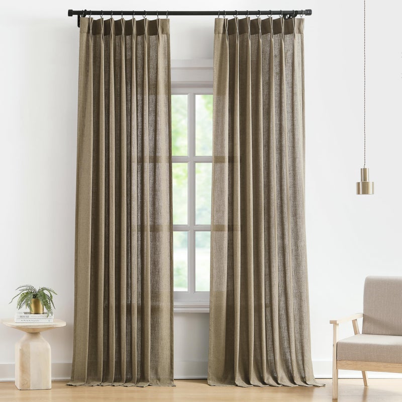 Vision Home Brown Pinch Pleated Semi Sheer Curtains Textured Linen Blended Light Filtering Window Curtains 102 inch for Living Room Bedroom Pinch Pleat Drapes with Hooks 2 Panels 40"" Wx102 L - Image 1